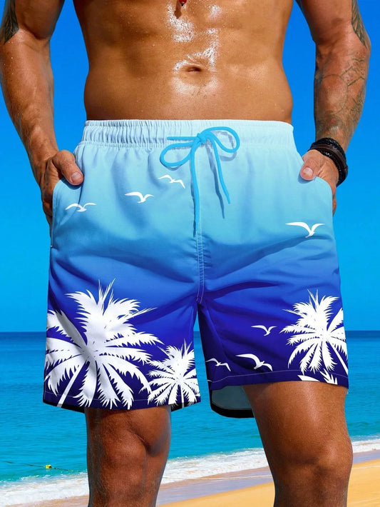 Pantaloneta de Playa para Hombre con Estampado de Palmeras 3D – Shorts de Baño con Cordón Ajustable, Verano Surf y Natación