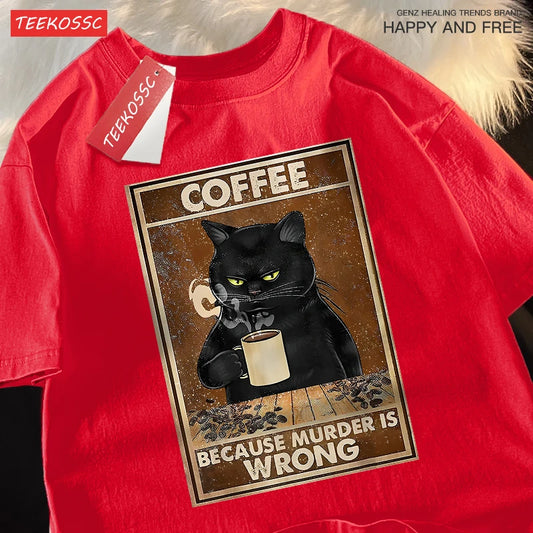 Camiseta Oversize “Because Murder Is Wrong” – T-shirt Black Cat, Algodón Transpirable, Streetwear Unisex, Manga Corta