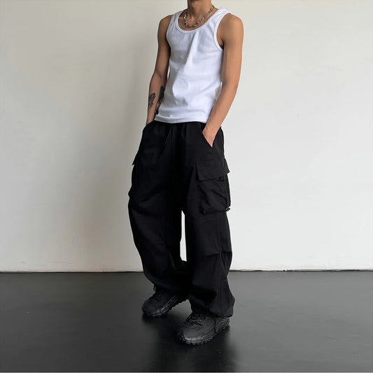 Pantalones Casual de Moda para Hombre – Streetwear, Color Sólido, Cargo, Cintura Elástica, Pierna Ancha, Joggers Primavera-Verano