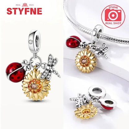 Charm Plata S925 Mariposa Libélula Flores con Gemas | Compatible Pulsera Pandora