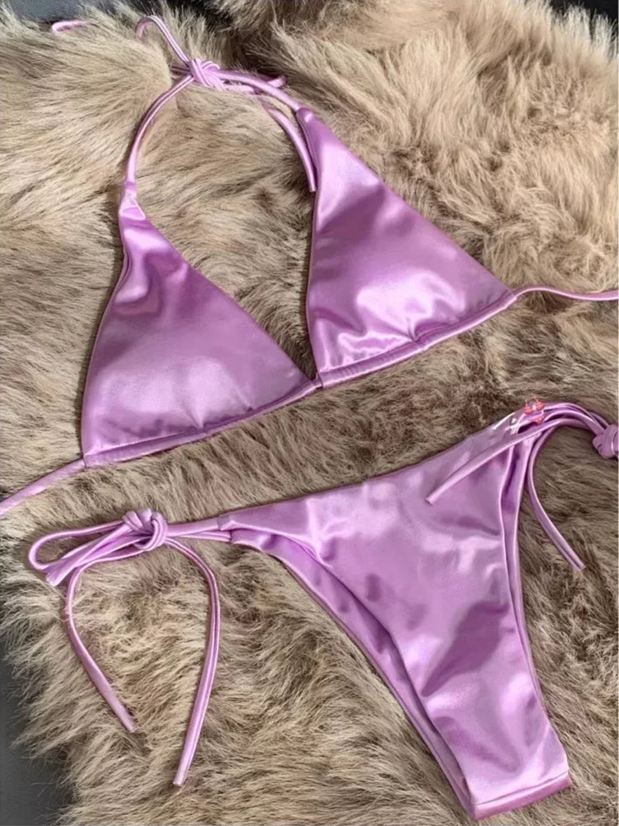 Bikini Brasileño Halter Mujer | Satinado Metálico Push Up 2 Piezas