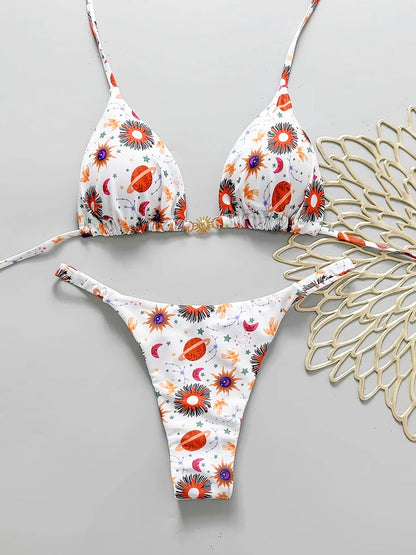 Bikini Retro Mujer 2025 | Micro Brasileño Estampado con Cordones Backless