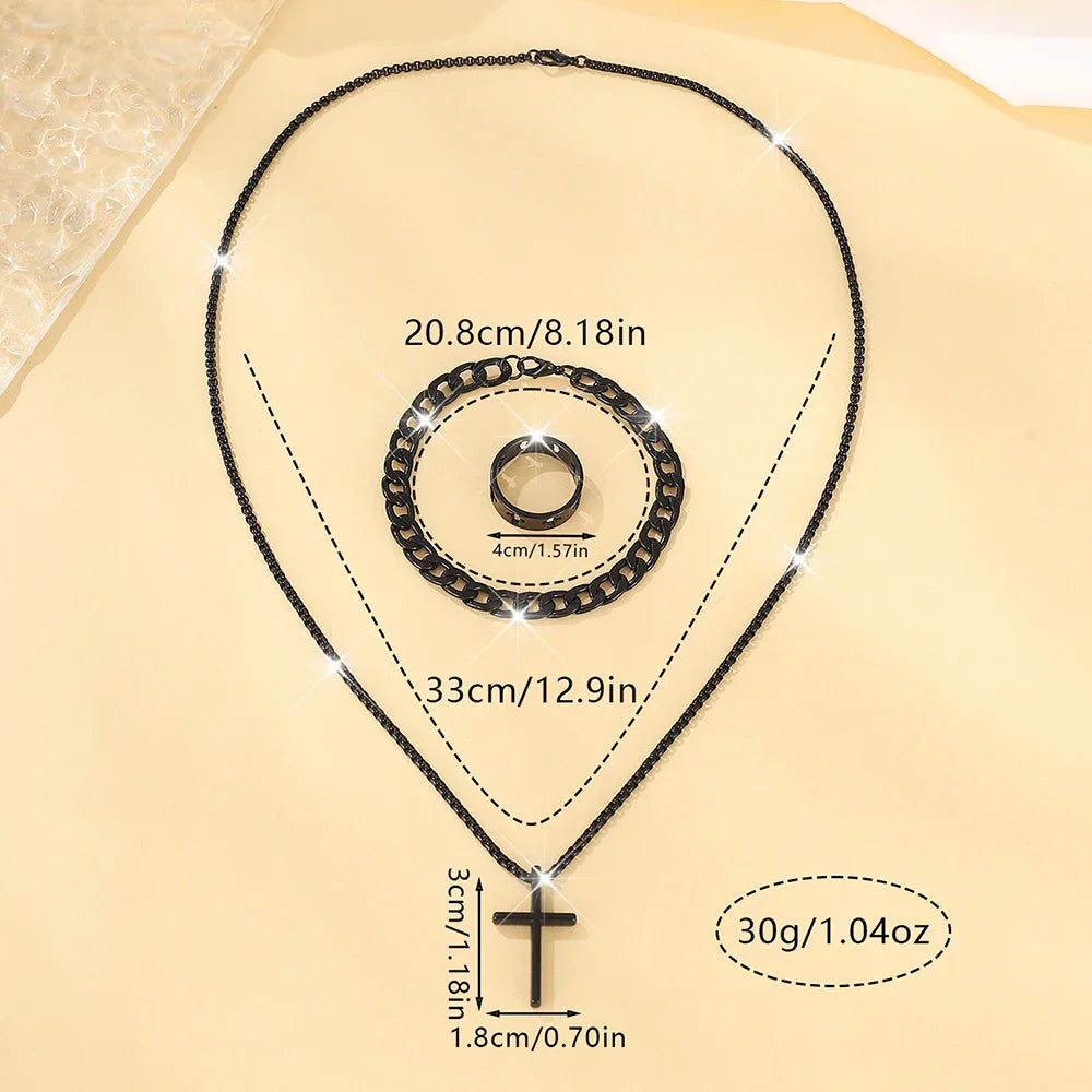 Set de Joyería para Hombre 3 Piezas – Collar con Cruz, Pulsera y Anillo en Acero Inoxidable Estilo Hip Hop