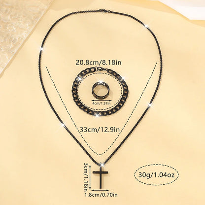 Set de Joyería para Hombre 3 Piezas – Collar con Cruz, Pulsera y Anillo en Acero Inoxidable Estilo Hip Hop