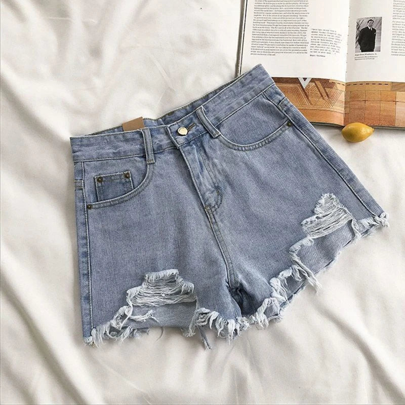 Shorts Vaqueros Mujer Cintura Alta | Denim Coreano Pierna Ancha con Roturas Streetwear 2024