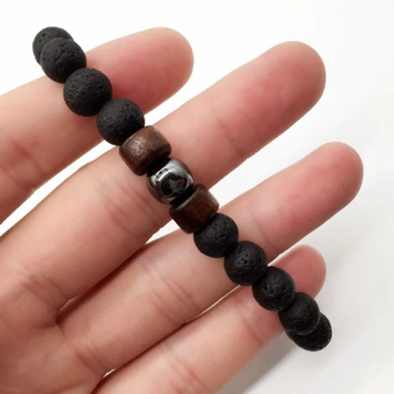 Pulsera de Piedra Volcánica de 8mm para Hombre – Lava y Madera con Buda Tibetano, Hecha a Mano, Elástica