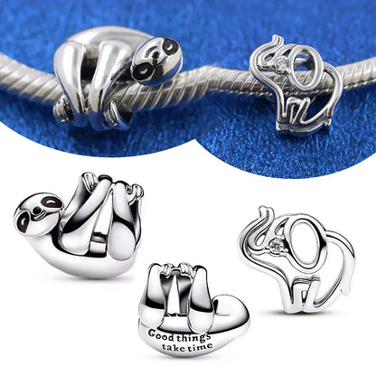 Charm Colgante Elefante y Perezoso en Plata 925 – Cuentas Caladas para Pulsera Original Mujer Joyería DIY