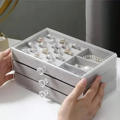 Joyero de Terciopelo y Acrílico con 3 Cajones Apilables | Organizador de Joyería para Collares, Pulseras y Aretes
