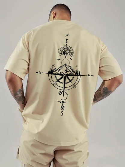 Camiseta Hombre Verano 100% Algodón | Casual Deportivo Oversized | Estampado Brújula Retro Manga Corta Cuello Redondo