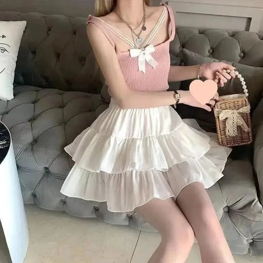 Falda Plisada Mujer Blanca | A-line Preppy Sweet con Volantes y Cintura Elástica Verano