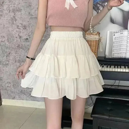 Falda Plisada Mujer Blanca | A-line Preppy Sweet con Volantes y Cintura Elástica Verano