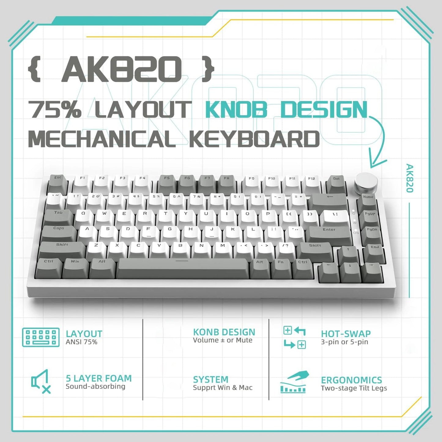 Teclado Mecánico AJAZZ AK820 – Conexión por Cable, Teclas Hot-Swap y Rueda de Volumen para Oficina y Hogar