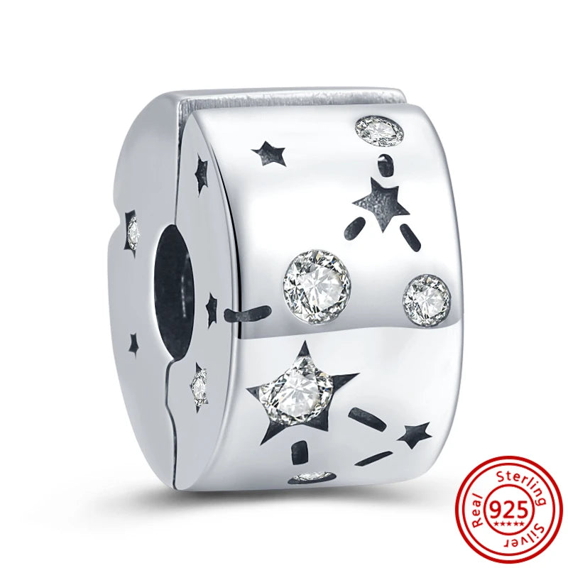 Charm Clip Plata 925 con Corazones, Corona y Concha | CZ Pavé Brillante | Compatible Pandora Original