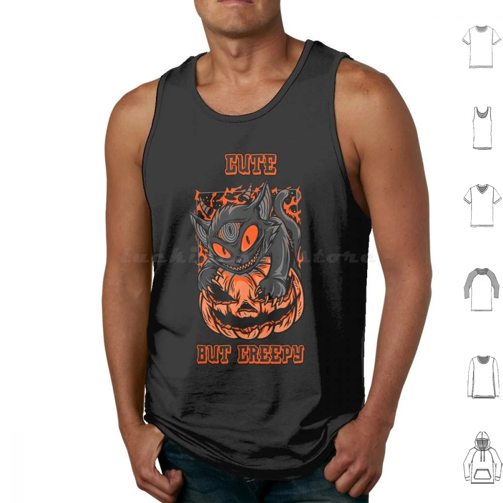 Camiseta Sin Mangas Psycho Cat y Calabaza – Algodón 100% Estilo Oversize Halloween Gótico para Hombre