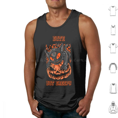 Camiseta Sin Mangas Psycho Cat y Calabaza – Algodón 100% Estilo Oversize Halloween Gótico para Hombre