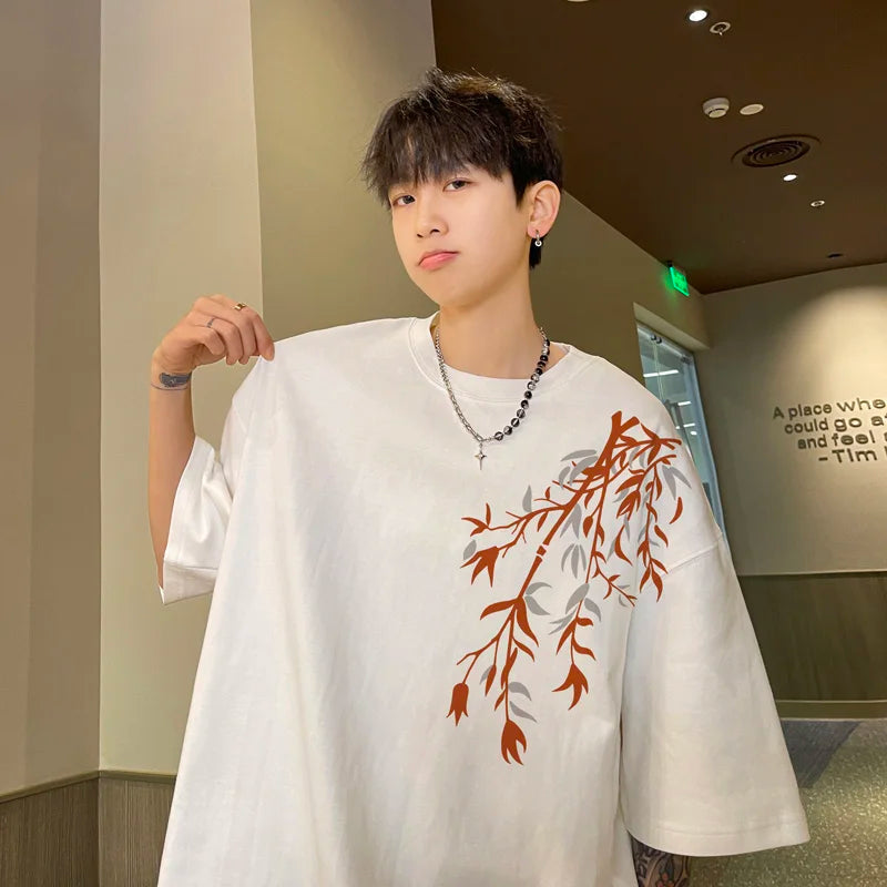 Camiseta Oversize de Algodón para Hombre | Estampado Bambú, Casual de Verano hasta 5XL