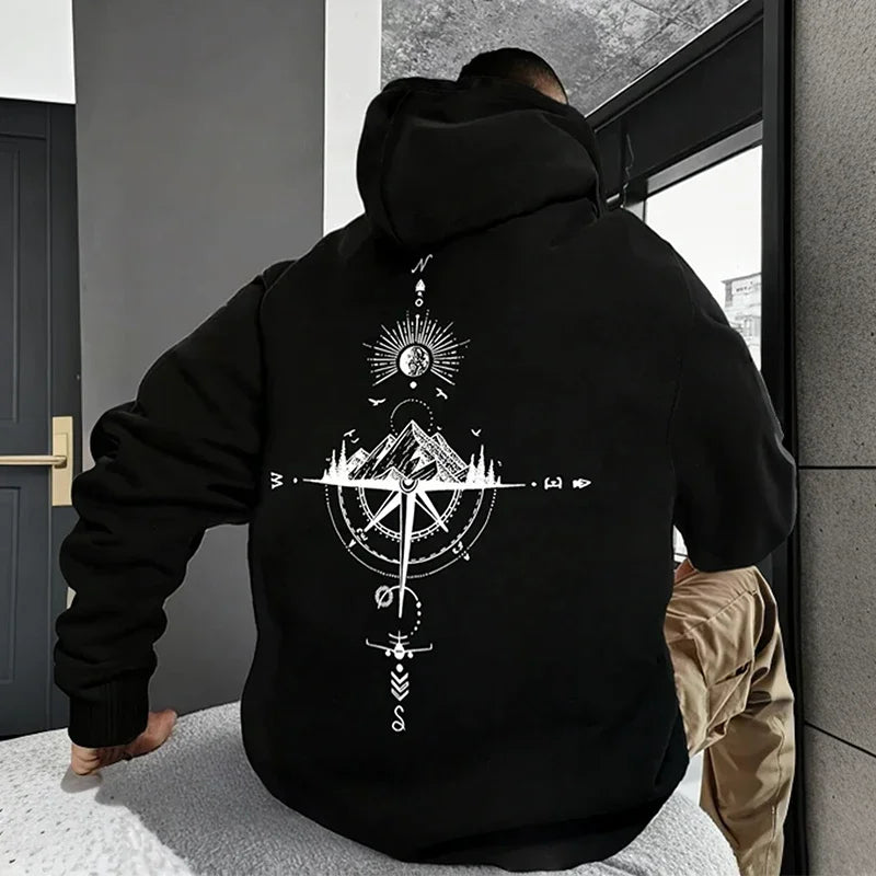Hoodie Vintage Brújula – Sudadera con Capucha Hombre, Manga Larga, Estilo Casual Deportivo