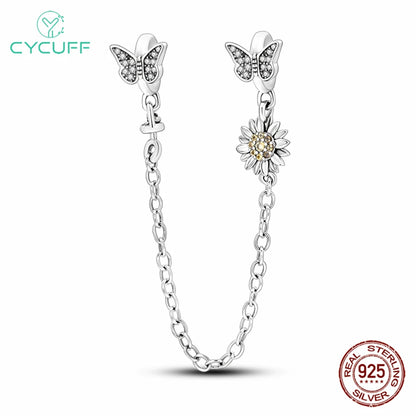 Charm de Plata 925 – Safety Chain, Avión, Tierra, Cámara y Margarita para Pulsera DIY Mujer