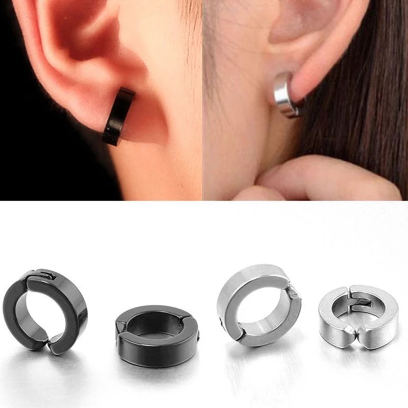 Set de 2 Ear Cuffs Coreanos Punk – Aros de Acero Inoxidable Negro para Hombre y Mujer, Sin Perforación