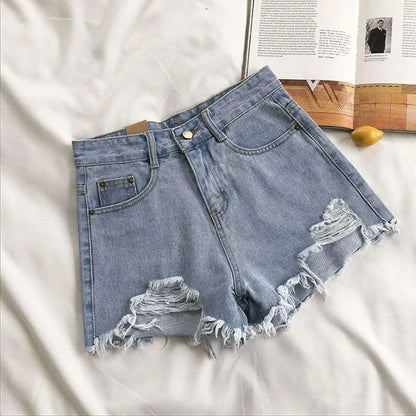 Shorts Vaqueros Mujer Cintura Alta | Denim Azul Coreano con Flecos y Detalles Y2K