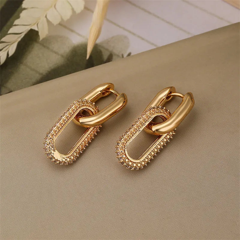 Aretes Geométricos con Brillantes – Pendientes Elípticos de Doble Aro para Mujer, Joyería Elegante de Fiesta