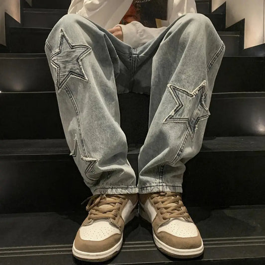 Jeans Vintage Oversize Azul Estilo Coreano | Pantalones Vaqueros Rectos Pierna Ancha Unisex Streetwear Grunge con Estrellas
