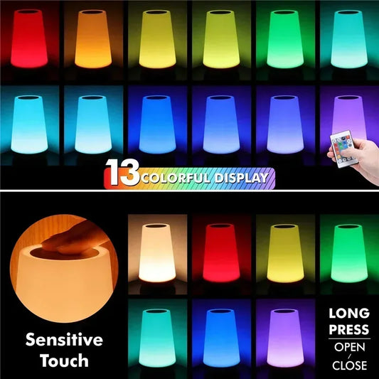 Lámpara de noche LED RGB 13 colores – Recargable USB, táctil y con control remoto, regulable y portátil para mesa o dormitorio