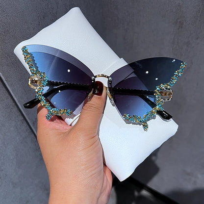 Gafas de Sol Mariposa Diamante Mujer | Vintage Y2K Oversized Rimless Eyewear de Lujo