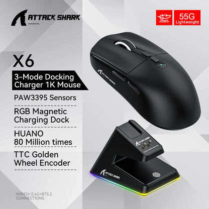 Attack Shark X6 Gaming Mouse – PAW3395, Tri-Mode Bluetooth/2.4G/Wired, RGB Base Magnética de Carga