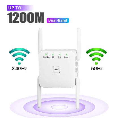 5GHz WiFi Repeater AC1200 – WiFi Extender 1200Mbps, Amplificador de Señal 2.4G/5GHz, Cobertura Larga para Hogar y Oficina