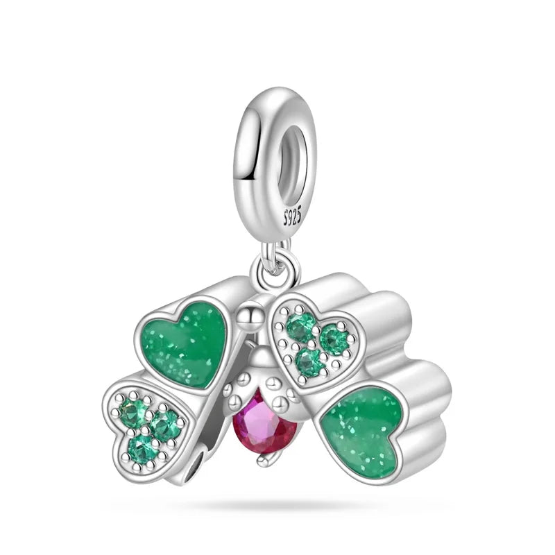 Charm de Plata S925 Mariquita de Siete Puntos y Trébol de la Suerte – Abalorio Colorido y Brillante para Pulseras Originales