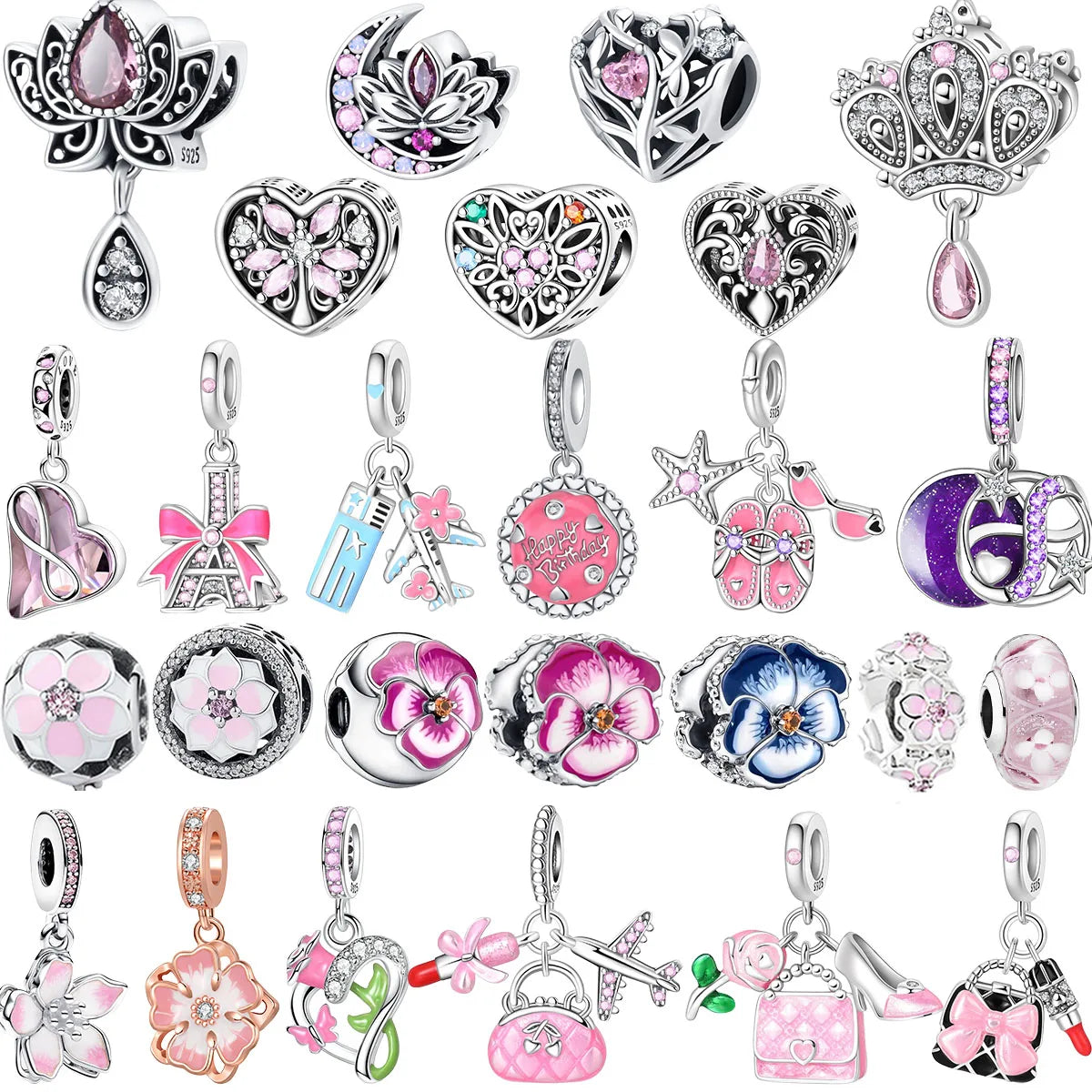 Charm Plata 925 Colgante Rosa Mariposa Corazón Flor Pájaro | Dije Para Pulsera Pandora Compatible