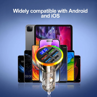 250W Fast Car Charger 6 Ports Quick Charge PD Type C USB A Adapter Transparent Case for iPhone 15 16 Pro Samsung S24 Xiaomi Poco