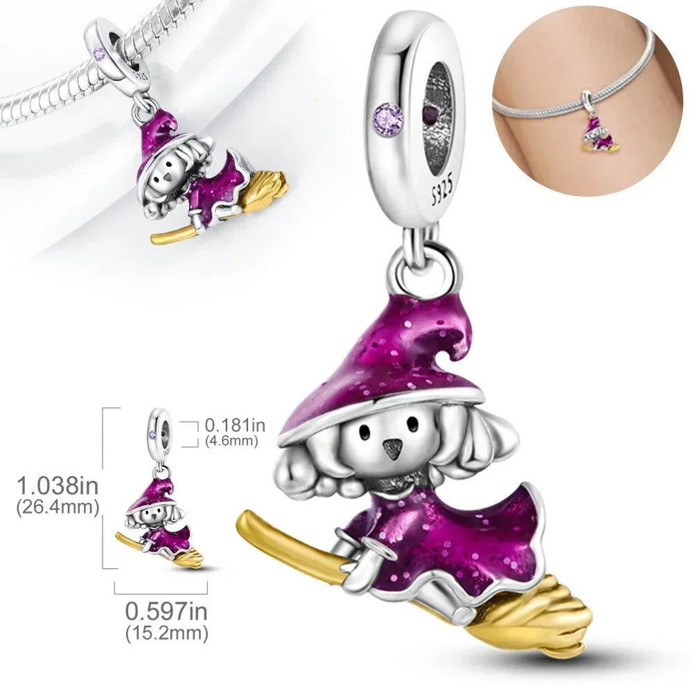 Charm Colgante de Halloween Plata 925 | Bruja Mágica con Efecto Luminoso para Pulsera Original