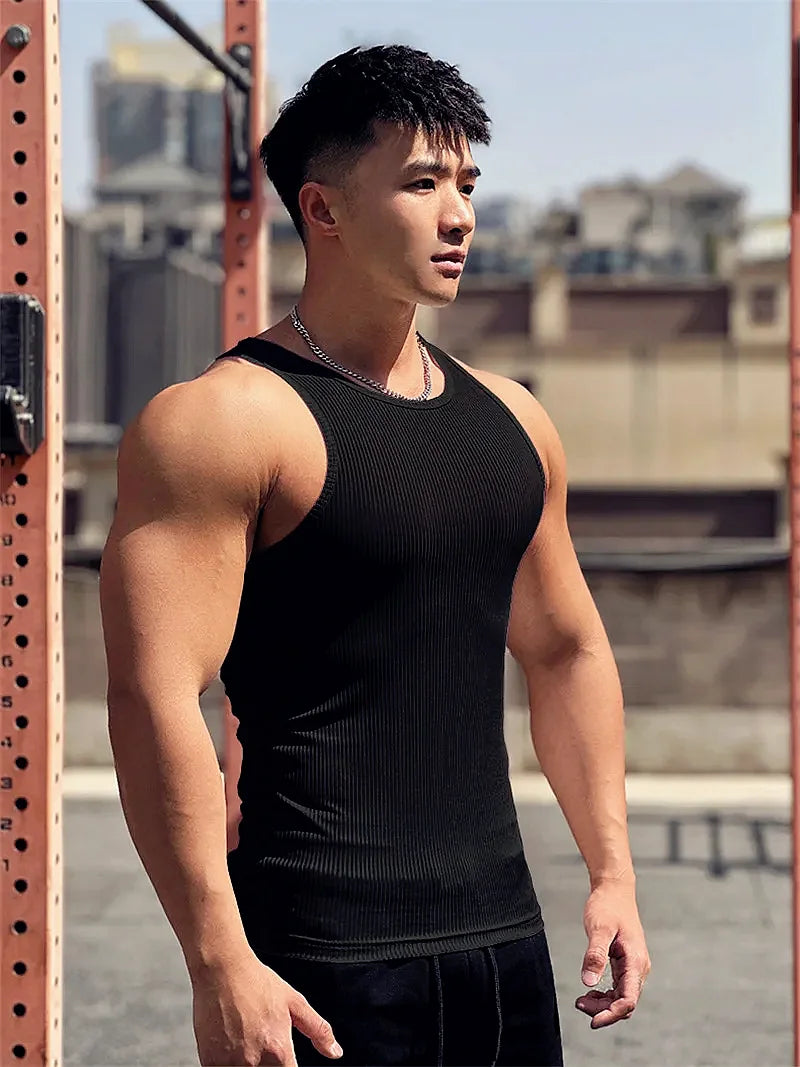 Tank Top Oversized de Hombre – Camiseta Sin Mangas, Cuello Redondo con Rayas Elásticas, Gym, Fitness, Running y Bodybuilding