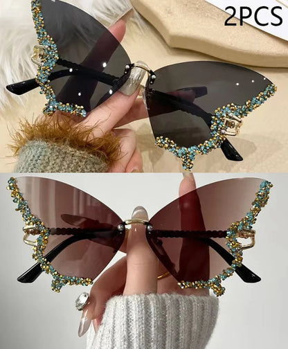 Gafas de Sol Mariposa Diamante Mujer | Vintage Y2K Oversized Rimless Eyewear de Lujo