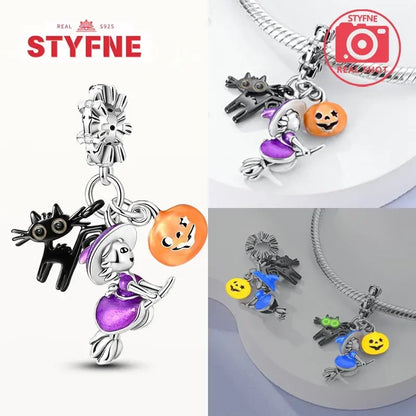 Charm Colgante de Halloween Plata 925 | Bruja Mágica con Efecto Luminoso para Pulsera Original