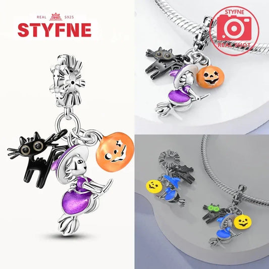 Charm Colgante de Halloween Plata 925 | Bruja Mágica con Efecto Luminoso para Pulsera Original