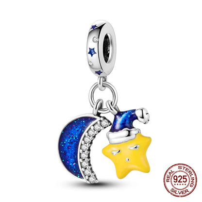 Charm luna y estrellas luminoso plata 925 – Abalorio brillante para pulsera tipo Pandora mujer