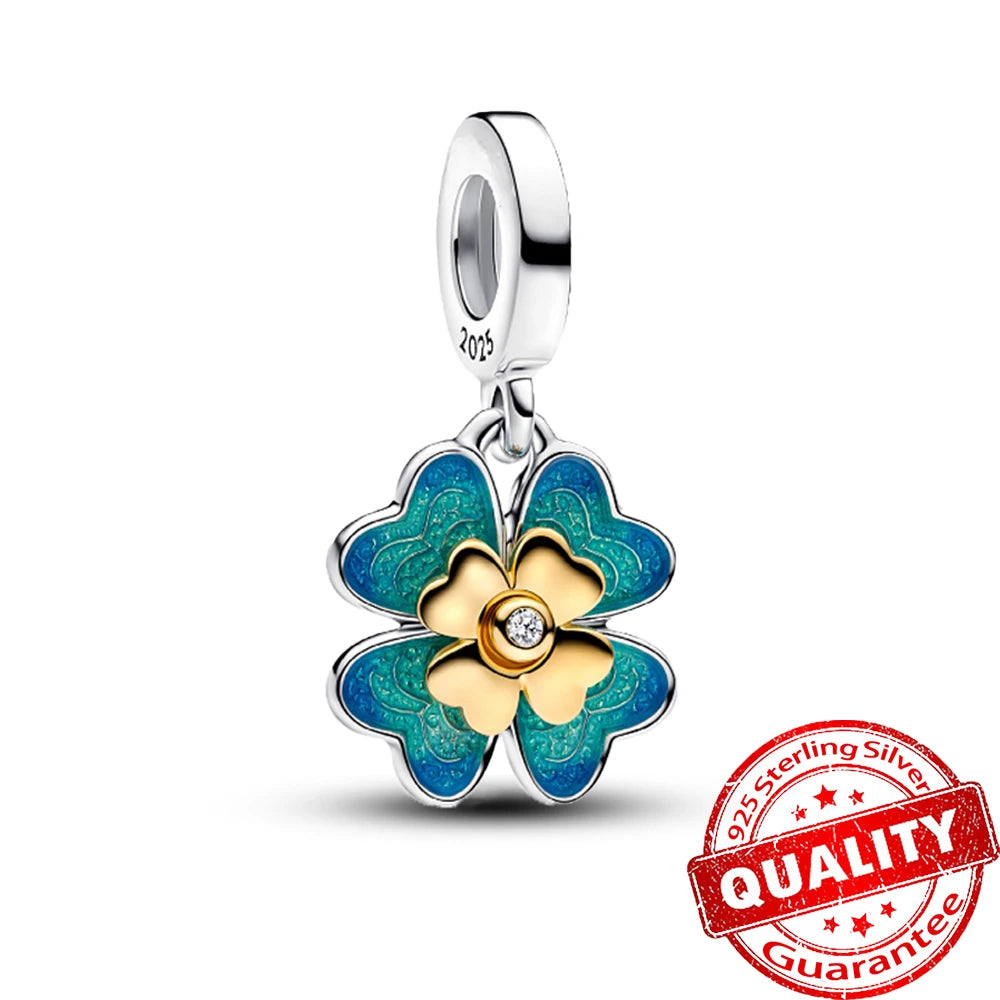 Charm de Plata 925 Trébol Azul Degradado y Flor Iris Rosa – Abalorio Elegante para Pulseras Originales