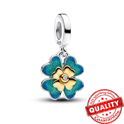 Charm de Plata 925 Trébol Azul Degradado y Flor Iris Rosa – Abalorio Elegante para Pulseras Originales