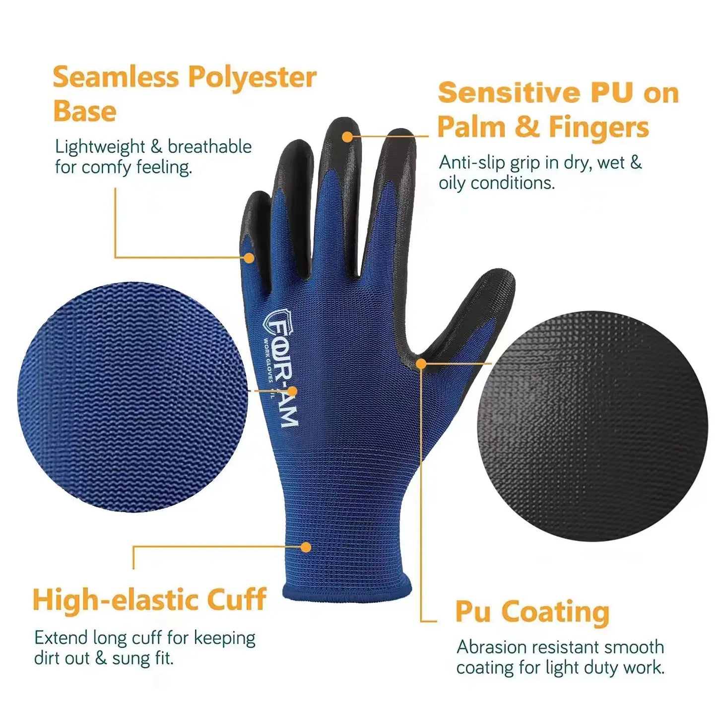 3 Pares de guantes de trabajo ultra finos – Recubrimiento PU, agarre superior, seguridad y comodidad con puño tejido