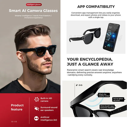 Gafas inteligentes con cámara integrada – Foto, video, traducción AI en 100+ idiomas, batería 250mAh, Bluetooth, resistentes al agua