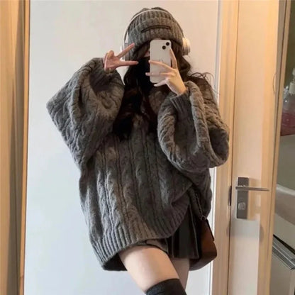 Suéter Oversize Mujer Tejido | Jersey de Punto V-Cuello Harajuku Coreano Otoño Invierno
