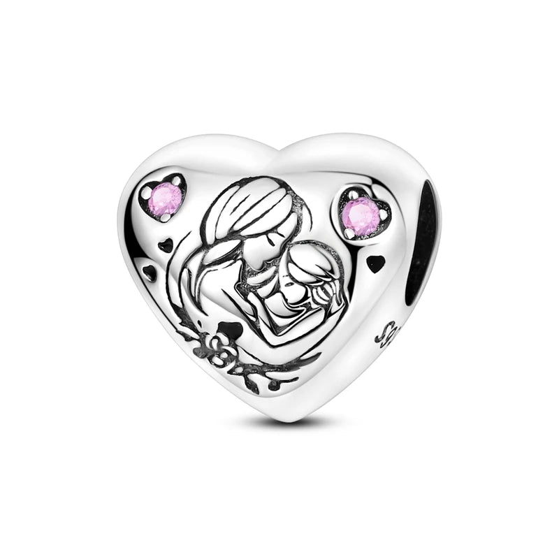 Charm Plata 925 Día de la Madre | Dije Corazón Rosa Love Mom Compatible Pandora Pulsera Collar Mujer