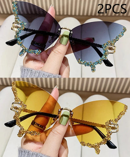 Gafas de Sol Mariposa Diamante Mujer | Vintage Y2K Oversized Rimless Eyewear de Lujo