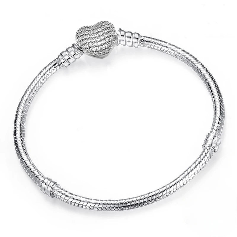 Pulsera corazón plata con circonias – Brazalete brillante de amor para mujer, joyería elegante compatible con charms