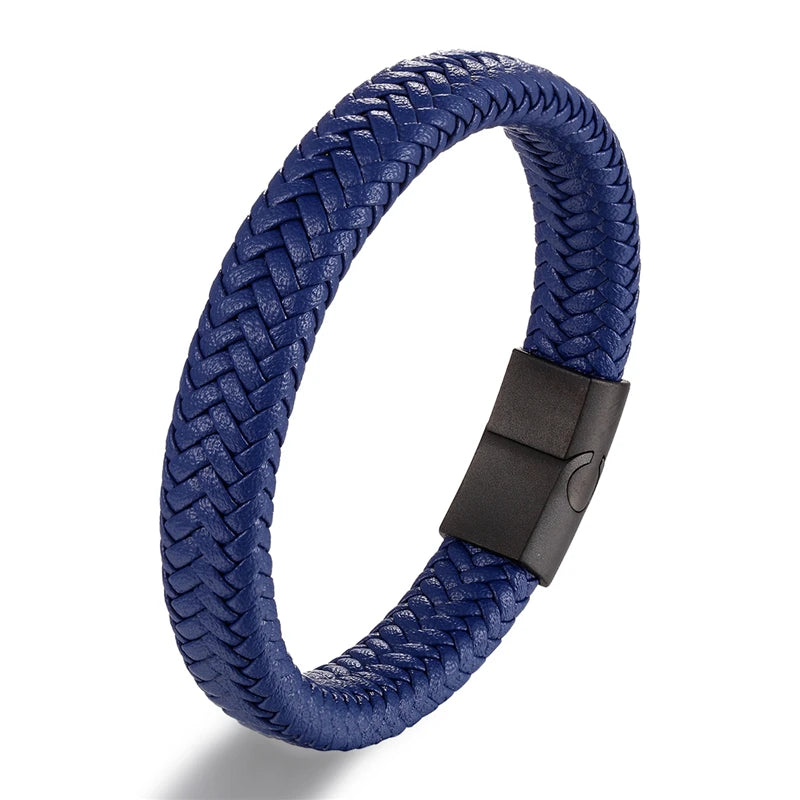 Pulsera de Cuero Genuino para Hombre – Joyería Clásica con Cierre Magnético de Acero Negro