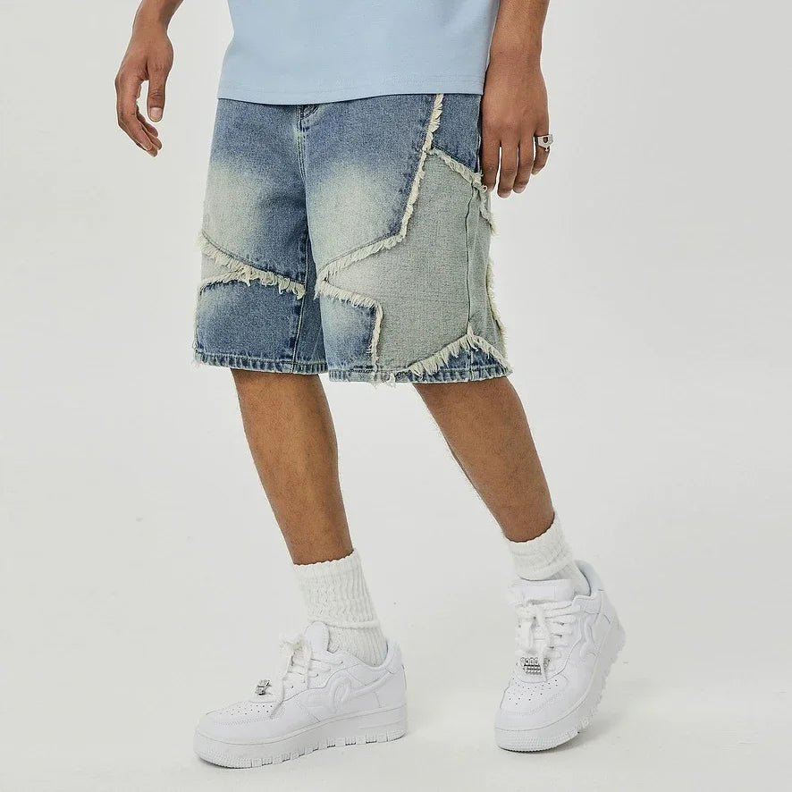 Shorts Jeans Baggy con Patchwork de Estrellas – Pantalones Denim Oversize Pierna Ancha Casual para Hombre