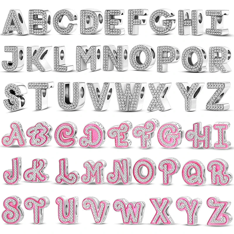 Charm letra alfabeto A-Z con circonias rosas en plata 925 – Abalorio elegante para pulseras tipo Pandora, joyería DIY personalizada